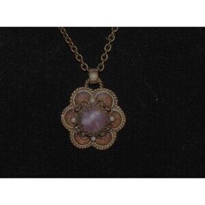 Vtg Ollipop Brass Filigree Pendant Necklace with Purple Cabochon & Faux Pearls